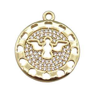 copper circle pendant pave zircon with angel, gold plated, approx 20mm dia