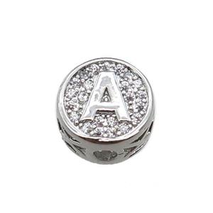 copper beads pave zircon, letter, platinum plated, approx 10mm