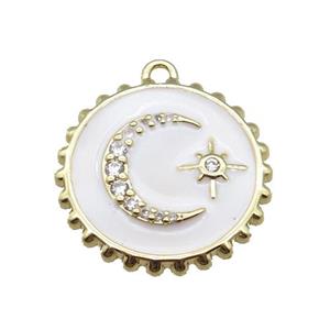 copper circle pendant with moon, enameled, gold plated, approx 20mm dia