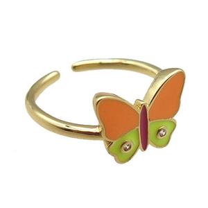 copper Rings, enameled butterfly, adjustable, gold plated, approx 10-13mm, 18mm dia