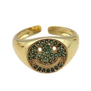 copper rings paved green zircon with smileface emoji, adjustable, gold plated, approx 11mm, 18mm dia