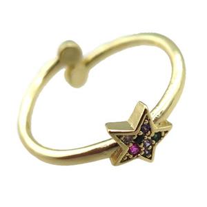 adjustable copper ring with star pave zircon, gold plated, approx 8mm, 18mm dia