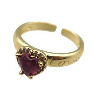 adjustable copper ring with heart pave zircon, gold plated, approx 9mm, 18mm dia