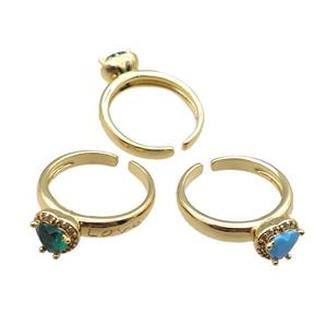 adjustable copper ring with heart pave zircon, mix, gold plated, approx 9mm, 18mm dia