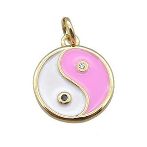 copper taichi pendant, yinyang, enameled, gold plated, approx 13mm dia