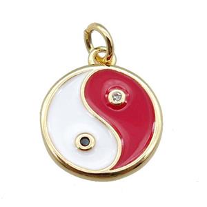 copper taichi pendant, yinyang, enameled, gold plated, approx 13mm dia