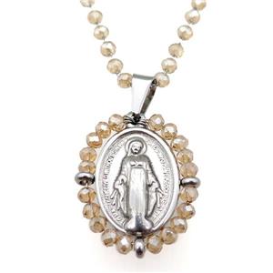 Stainless Steel Jesus Necklace Champagne Crystal Glass Platinum Plated, approx 23-30mm, 50-55cm length