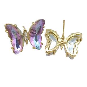 multicolor Crystal Glass Butterfly Stud Earrings, gold plated, approx 12-15mm