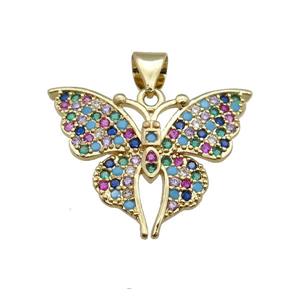 copper butterfly pendant pave zircon, gold plated, approx 18-22mm