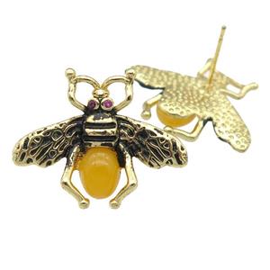 copper honeybee Stud Earring with yellow cats eye stone, antique gold, approx 21-26mm