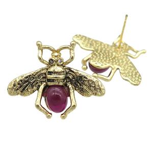 copper honeybee Stud Earring with red cats eye stone, antique gold, approx 21-26mm