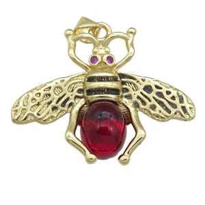 copper honeybee Pendant with red cats eye stone, antique gold, approx 26-32mm