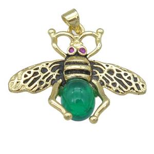 copper honeybee Pendant with green cats eye stone, antique gold, approx 26-32mm