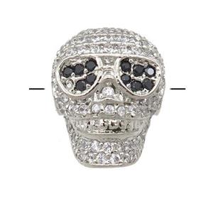 copper Skull beads pave zircon, platinum plated, approx 11-15mm, 2mm hole