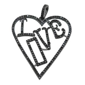 copper Heart pendant paved zircon, LOVE, black plated, approx 30-40mm