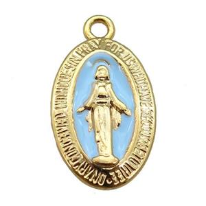 copper Jesus pendant with blue enamel, gold plated, approx 12-18mm