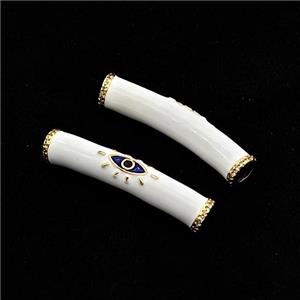 copper curved tube beads with white enamel, eye, gold plated, approx 8-36mm, 4mm hole