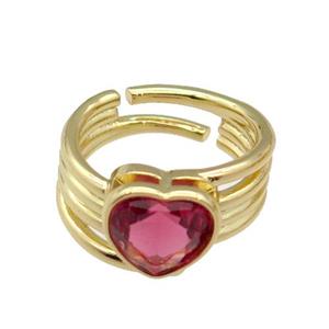 copper Ring paved zircon, red heart, gold plated, approx 11-13mm, 18mm dia