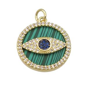 copper circle Eye pendant paved Malachite, zircon, gold plated, approx 19mm dia