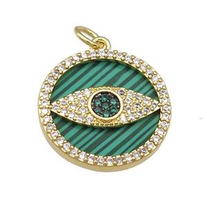 copper circle Eye pendant paved Malachite, zircon, gold plated, approx 19mm dia