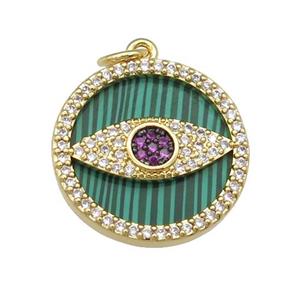 copper circle Eye pendant paved Malachite, zircon, gold plated, approx 19mm dia