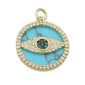 copper circle Eye pendant paved Turquoise, zircon, gold plated, approx 19mm dia