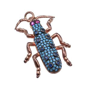 copper Ladybug pendant pave turq zircon, rose gold, approx 20-30mm