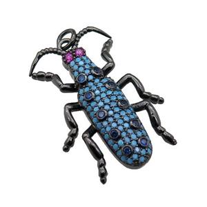 copper Ladybug pendant pave turq zircon, black plated, approx 20-30mm