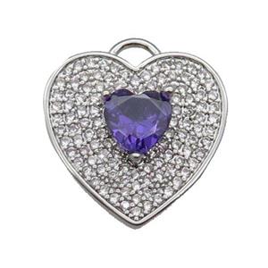 copper Heart pendant pave zircon, purple, platinum plated, approx 17mm