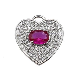 copper Heart pendant pave zircon, ruby, platinum plated, approx 17mm