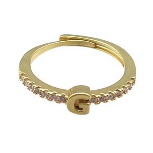 copper Ring pave zircon, letter-G, adjustable, gold plated, approx 18mm dia