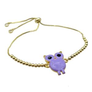 copper Bracelet with owl lavender enamel gold plated, approx 20-23mm, 3mm, 23cm length