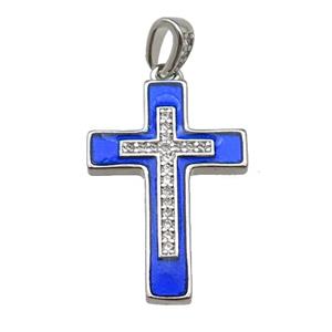 copper Cross pendant pave zircon blue enamel platinum plated, approx 17-25mm