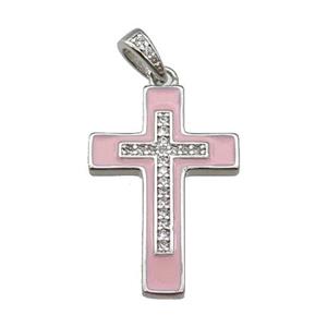 copper Cross pendant pave zircon pink enamel platinum plated, approx 17-25mm