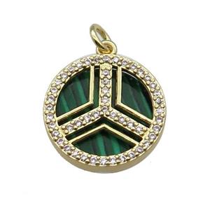 copper circle pendant pave zircon malachite gold plated, approx 16mm dia