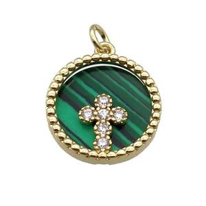 copper circle pendant pave zircon malachite Cross gold plated, approx 16mm dia