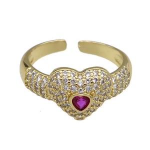 copper Ring pave zircon Heart gold plated, approx 10mm, 18mm dia