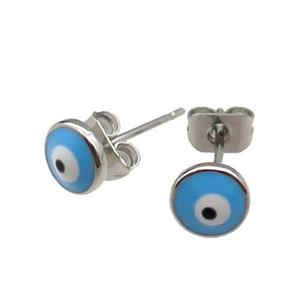 copper Evil Eye Stud Earring blue enamel platinum plated, approx 6mm