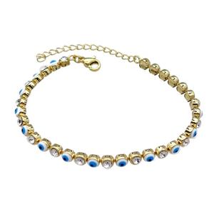 Copper White Enamel Evil Eye Bracelet Pave Zircon Gold Plated, approx 4.5mm, 16-21cm length