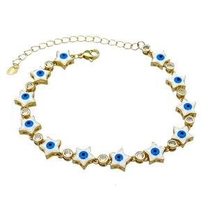 Copper Star White Enamel Evil Eye Bracelet Pave Zircon Gold Plated, approx 9.5mm, 18-25cm length