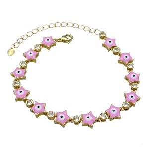 Copper Star Pink Enamel Evil Eye Bracelet Pave Zircon Gold Plated, approx 9.5mm, 18-25cm length