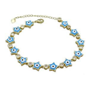 Copper Star Blue Enamel Evil Eye Bracelet Pave Zircon Gold Plated, approx 9.5mm, 18-25cm length