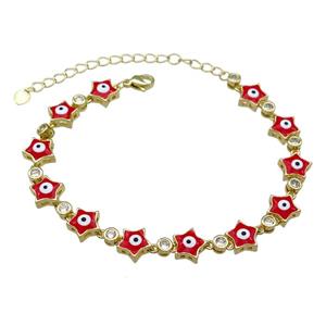 Copper Star Red Enamel Evil Eye Bracelet Pave Zircon Gold Plated, approx 9.5mm, 18-25cm length