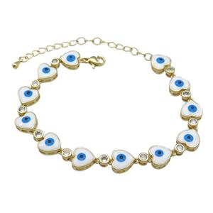 Copper Heart Bracelet Evil Eye White Enamel Gold Plated, approx 9.5mm, 18-25cm length