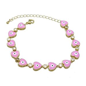 Copper Heart Bracelet Evil Eye Pink Enamel Gold Plated, approx 9.5mm, 18-25cm length