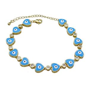 Copper Heart Bracelet Evil Eye Blue Enamel Gold Plated, approx 9.5mm, 18-25cm length