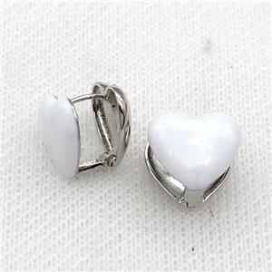 Copper Latchback Earring White Enamel Heart Platinum Plated, approx 13mm