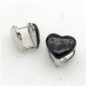 Copper Latchback Earring Black Enamel Heart Platinum Plated, approx 13mm