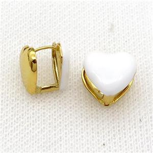 Copper Latchback Earring White Enamel Heart Gold Plated, approx 13mm