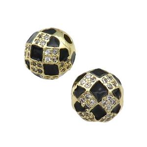 Round Copper Beads Pave Zircon Black Enamel Football Sport Gold Plated, approx 10mm dia